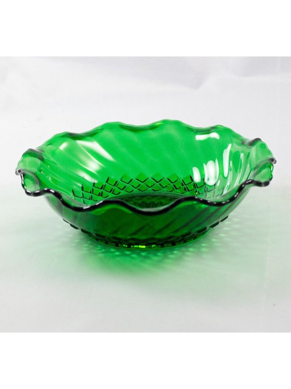 Anchor Hocking Forest Green Pressed Glass Bowl Diamond Swirl Ruffled Rim Mid-Cen